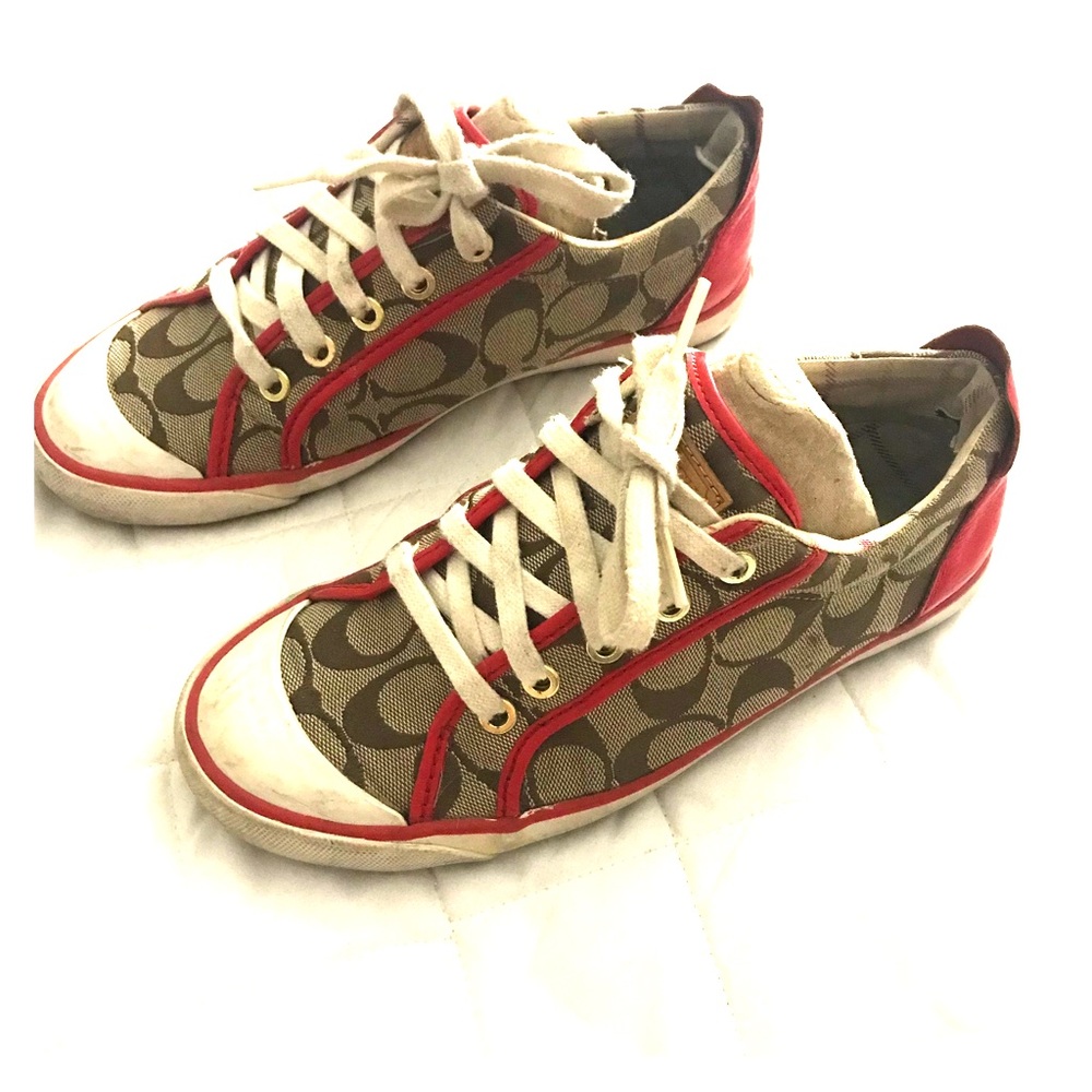 Tan coach canvas print sneakers with red accents